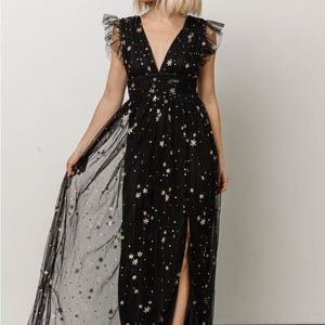 Baltic Born L nova shimmer maxi dress NWT black gold star mesh glitter v neck